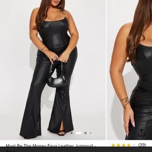 Fashion Nova The Money Black Faux Leather Jumpsuit With Spilts Up Font Bottoms